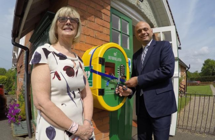 Chairman of Finstall Village Hall Management Committee Rosemarie Ryan with MP Sajid Javid